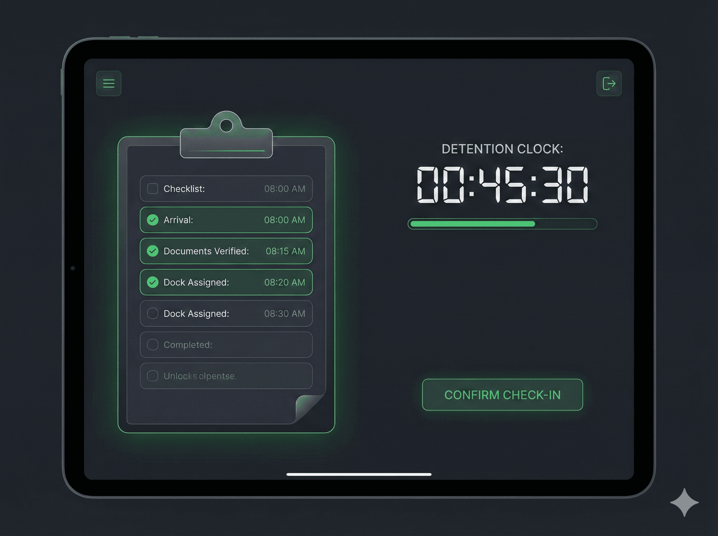 Dock check-in workflow with clipboard UI and timestamps