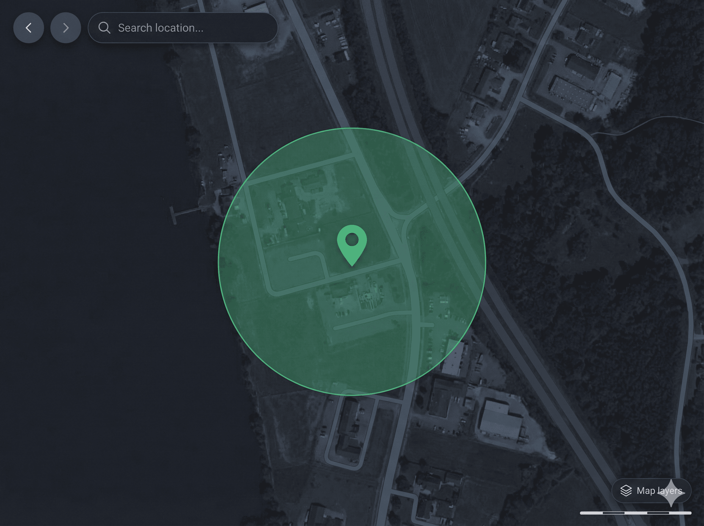 Map UI with geofence radius and green location pins